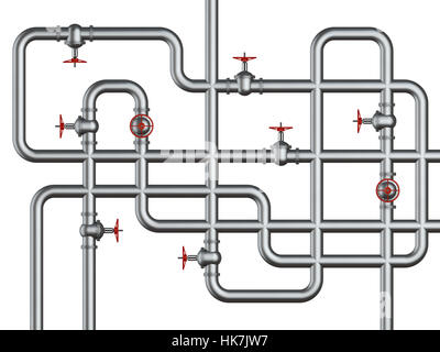 Glänzende Rohre und Ventile Verbindung. 3D Render. Stockfoto
