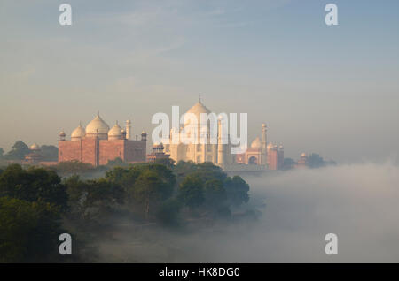 Die schönsten Gebäude der Welt, das Taj Mahal, aus dem Nebel über den Fluss Yamuna, die sich aus den im ersten Licht des neuen Tages Stockfoto