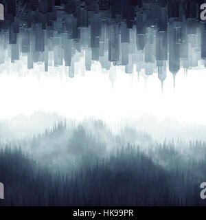 Wald-Stadt Dunst / 3D Illustration des urbanen Stadtbild und Baum bedeckt Hügel kommen zusammen durch Nebel Stockfoto