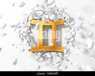 goldenen Gemini Symbol schlagen an Wand und Stücke herum fliegen. Stockfoto