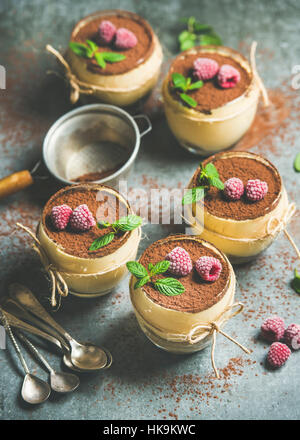 Hausgemachte italienische Dessert Tiramisu in einzelnen Gläsern mit gefrorenen Himbeeren, frische Minzblätter und Kakaopulver über grauen Beton staatlich gedient Stockfoto