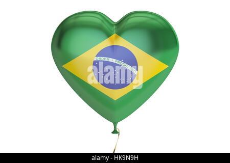 Ballon mit Brasilien-Flagge in der Form von Herzen, 3D rendering Stockfoto