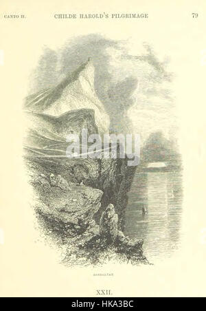Die Illustration von „Childe Harold's Pilgrimage“ enthält ein Porträt und raffinierte Designelemente, die den romantischen und kunstvollen Stil des 19. Jahrhunderts widerspiegeln. Das Kunstwerk mit komplizierten Grenzen und Kalligrafie unterstreicht den literarischen und künstlerischen Wert des Buches. Stockfoto