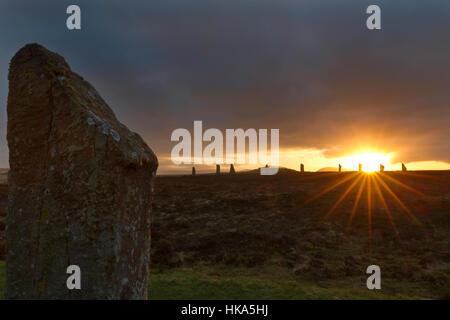 Ring of Brodgar Winter Sonnenuntergang, Orkney Stockfoto