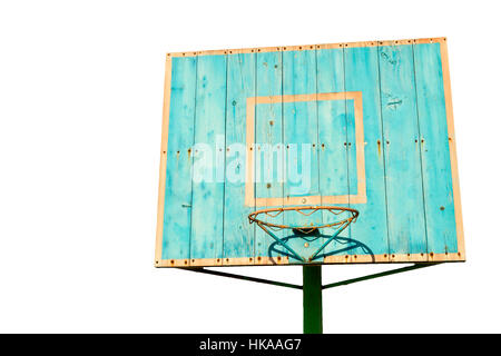 Vintage blau alte Holzbretter Basketballkorb mit Käfig isoliert auf weißem Hintergrund als Sport Ausrüstung Hintergrund. Stockfoto
