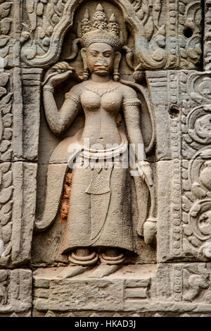 Basrelief gesagt (weibliche Gottheit), Preah Khan Tempel, Angkor archäologischer Park, Siem Reap, Kambodscha Stockfoto