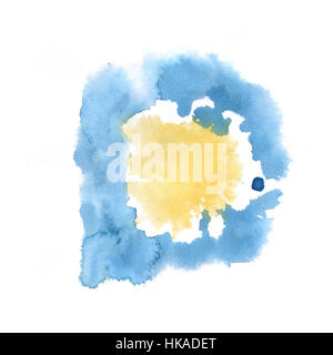 Aquarell gelb blau auf weißem Hintergrund, abstrakt Flecken isoliert. Abbildung der Aquarell Stockfoto