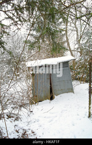 alte beschädigte Holzhütte im Schnee Stockfoto