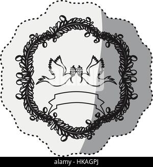 Aufkleber Kontur Bogen der Blätter mit Tauben mit Ölzweig und label Stock Vektor