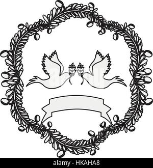 Silhouette-Bogen der Blätter mit Tauben mit Ölzweig und label Stock Vektor