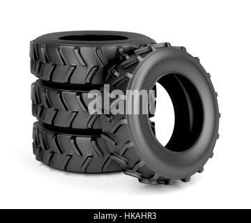 Gruppe von vier Reifen für Traktor oder Maschinen auf weißem Hintergrund Stockfoto