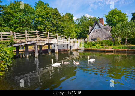 Brücke-Hütte am Flatford Mill, Suffolk UK. Schwäne im Vordergrund am Fluss. Stockfoto