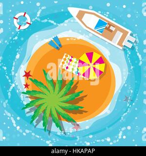 Sommer Urlaub, Zeit zum Reisen, Rest Strand: Sonne, Meer, Wellen, Sand, Regenschirm, Handtuch, Schwimmflossen, Seestern, Rettungsring. Vektor flachen Hintergrund und Objekte Stock Vektor