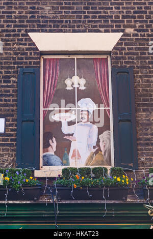 London, Southwark A Trompe l ' oeil-Fenster auf dem Markt Porter Kneipe im Borough Market Stockfoto