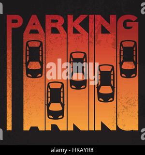 Bunte Design-Stil – Parkplatz - Signatur auf strukturierten Hintergrund. Top View Parkplatz viel Design einfache hell-Symbol - Auto. Viele Autos geparkt Templat Stock Vektor