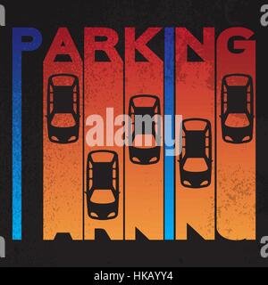 Bunte Design-Stil – Parkplatz - Signatur auf strukturierten Hintergrund. Top View Parkplatz viel Design einfache hell-Symbol - Auto. Viele Autos geparkt Templat Stock Vektor