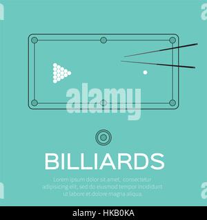 Billard, Pool, snooker-Spiel. Kugeln-Dreieck, Cue auf Tisch-Vektor-Illustration. Stock Vektor