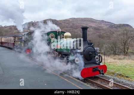 Schmalspur-Dampflokomotive steht in Beddgelert Station auf der Welsh Highland Railway Stockfoto