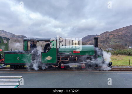 Schmalspur-Dampflokomotive steht in Beddgelert Station auf der Welsh Highland Railway Stockfoto