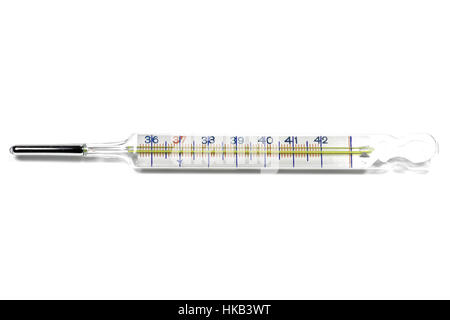 medizinische Quecksilber-Thermometer isoliert auf weißem Hintergrund Stockfoto