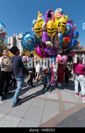 Taipei, Taiwan, 28. Januar 2017: Ein Ballon-Verkäufer verkauft Ballons am Eingang zum Longshan Tempel in Taipei am ersten Tag des Jahres des Hahnes. © Perry Svensson/Alamy Live-Nachrichten Stockfoto