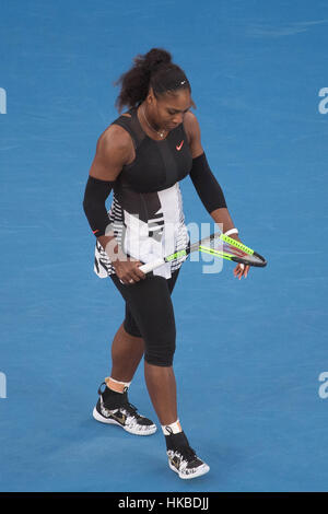 Melbourne, Australien. 28. Januar 2017. Vereinigten Staaten Serena Williams reagiert während der Frauen Einzel Finale zwischen Venus Williams und Serena Williams bei den Australian Open Tennis Championships in Melbourne, Australien, 28. Januar 2017. Serena Williams gewann 2: 0. Bildnachweis: Bai Xue/Xinhua/Alamy Live-Nachrichten Stockfoto