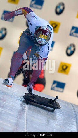 Königssee, Deutschland. 28. Januar 2017. Koreanische Skelett Racer Yun Sung-bin in Aktion bei den Skeleton-Weltcup in Schönau am Königssee, Deutschland, 28. Januar 2017. : Bildnachweis Peter Kneffel/Dpa: Dpa picture-Alliance/Alamy Live News Stockfoto