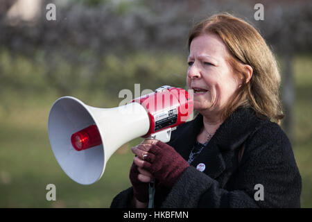 Ascot, Großbritannien. 28. Januar 2017. Margery Thorogood von speichern Heatherwood Krankenhaus (SHH) befasst sich mit lokalen Aktivisten marschierten durch Ascot zur Unterstützung des NHS. Bildnachweis: Mark Kerrison/Alamy Live-Nachrichten Stockfoto