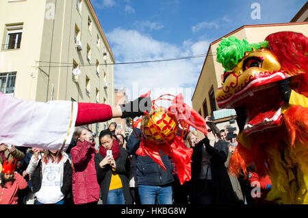 Madrid, Spanien. 28. Januar 2017. Girl zeigt den Ball während der Aufführung des Löwen tanzen während Chinese New Year Parade in Madrid. © Valentin Sama-Rojo/Alamy Live-Nachrichten. Stockfoto