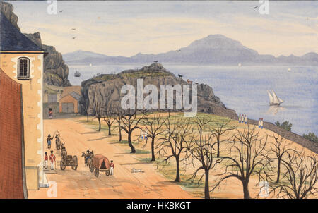 Dieses Gemälde zeigt einen Blick auf die Berge Afrikas vom Krankenhaus in Gibraltar aus. Die Arbeit hebt die dramatische Topographie und den Fernblick der afrikanischen Küste hervor und fängt das Wesen der einzigartigen Landschaft des Mittelmeers ein. Stockfoto
