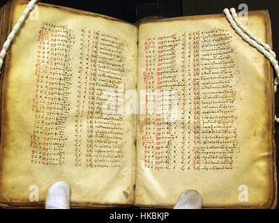 Minuskel 676 ist ein mittelalterliches Manuskript mit den Folien 338v und 340r, das komplexe Illuminationen und religiöse Texte zeigt. Dieses Manuskript ist Teil einer historischen Sammlung, die die Kunstfertigkeit und Handwerkskunst der mittelalterlichen Scriptoria hervorhebt. Stockfoto