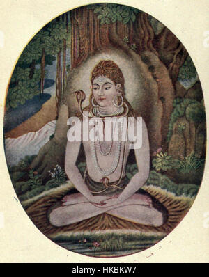 Dieses Kunstwerk zeigt Lord Shiva, eine der wichtigsten Gottheiten des Hinduismus, der als Gott der Zerstörung und Transformation verehrt wird. Das Gemälde fängt seine göttliche Präsenz ein, die oft mit seinem dritten Auge, der Mondsichel und dem Fluss Ganga durch sein Haar gezeigt wird, was seine kosmische Rolle symbolisiert. Stockfoto