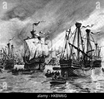 Das Gemälde Eroberung Kopenhagens durch die Hanse 1368 II zeigt die Eroberung Kopenhagens durch die Hanse 1368. Das historische Kunstwerk stellt dieses bedeutende militärische Ereignis in der mittelalterlichen europäischen Geschichte anschaulich dar. Stockfoto