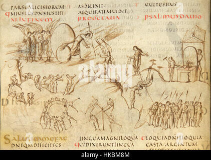 Der Utrechter Psalter ist eine berühmte mittelalterliche Handschrift mit Psalmen und religiösen Texten. Die abgeschnittene Version hebt die komplizierten Illuminationen und die frühchristliche Kunst hervor, mit ihren lebendigen und detaillierten Darstellungen biblischer Geschichten. Stockfoto