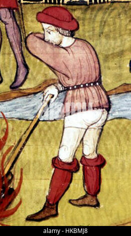 Dieses Kunstwerk mit dem Titel „Templers Burning Crop“ zeigt eine historische Szene, in der Templerritter ein Feld voller Getreide in Brand setzen. Die Szene bezieht sich wahrscheinlich auf das Mittelalter und betont die zerstörerischen Handlungen der Ritter während ihrer Konflikte. Stockfoto