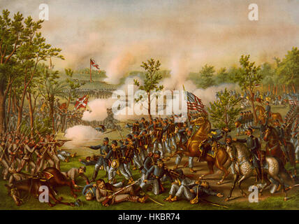 Die Schlacht von Atlanta, ein bedeutender Konflikt während des Amerikanischen Bürgerkriegs, wird in diesem historischen Kunstwerk dargestellt. Die Schlacht, die 1864 ausgetragen wurde, war entscheidend für den Sieg der Union über die Konföderation. Stockfoto