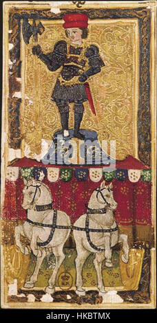 Dieses Kunstwerk zeigt eine Szene aus dem Tarot-Deck von König Karl VI. Mit der symbolischen Wagenkarte. Die Karte repräsentiert Bewegung, Entschlossenheit und den Triumph der Willenskraft, mit Bildern, die mittelalterliche Kunst und Tarot-Symbolismus widerspiegeln. Stockfoto