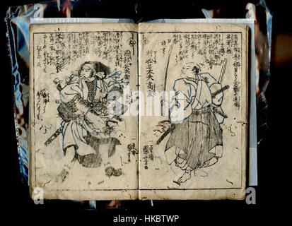 Dies ist ein Kunstwerk aus Utagawa Kuniyoshis „Chushingura“, das Charaktere aus dem berühmten japanischen Kabuki-Stück über den Ronin von 47 zeigt. Das Bild hebt die dramatische Geschichte und die historischen Themen Loyalität und Rache hervor. Stockfoto