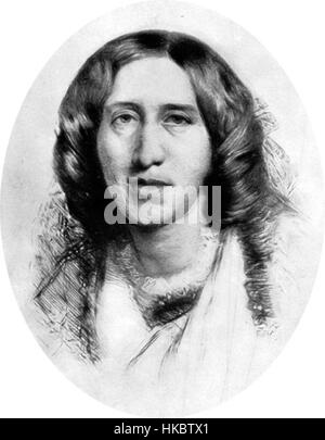 Ein Porträt von George Eliot, dem Pseudonym von Mary Ann Evans, einer berühmten englischen Schriftstellerin und Dichterin. Das Gemälde hebt ihren intellektuellen Charakter und den Einfluss der viktorianischen Ära auf die Literatur hervor. Stockfoto