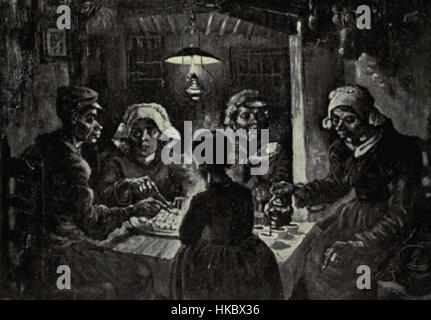 Vincent van Goghs „die Kartoffelesser“ (1885) ist ein bemerkenswertes Werk der niederländischen Malerei, das eine Gruppe von Bauern darstellt, die Kartoffeln in einem bescheidenen Innenraum essen. Dieses Stück spiegelt van Goghs Fokus auf Realismus und seinen Wunsch wider, die krasse Realität des ländlichen Lebens, insbesondere die Not der Arbeiterklasse, einzufangen. Stockfoto