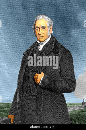 George Stephenson, bekannt als „Vater der Eisenbahnen“, wird für seine Beiträge zur Entwicklung der Dampflok und der Eisenbahnsysteme gefeiert. Seine Arbeit legte den Grundstein für den modernen Schienenverkehr, mit seiner berühmten Lokomotion Nr. 1, die einen Meilenstein in der Verkehrsgeschichte darstellt. Stockfoto