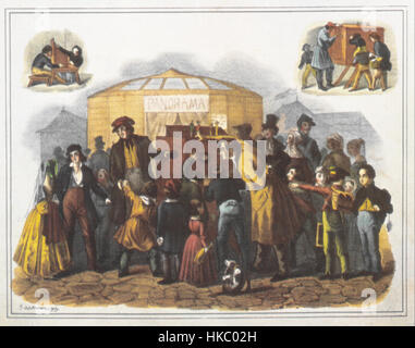 Das Gemälde *Guckkasten Jahrmarkt* aus dem Jahr 1843 fängt eine Szene einer deutschen Marktmesse ein und zeigt Menschen, die sich in einem lebendigen, lebendigen Ambiente versammelt haben. Die Künstlerin nutzte die Guckkasten-Technik, einen Vorläufer der modernen Camera obscura, um dieses Bild zu erstellen. Stockfoto