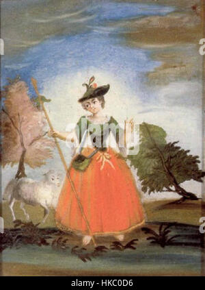 Das Hinterglasbild Gute Hirtin Murnau ist ein traditionelles deutsches Gemälde, das den Guten Hirten darstellt. Es ist mit lebhaften Farben und komplexen Details versehen, die typisch für die Volkskunst der Region sind. Stockfoto