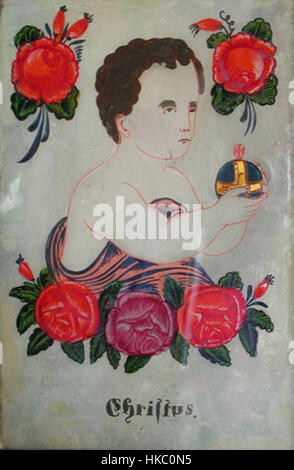 Das Hinterglasbild Jesus Sandl ist ein traditionelles Glasgemälde mit religiösen Themen, wobei Jesus die zentrale Figur ist. Dieses Stück ist repräsentativ für die Volkskunst des 19. Jahrhunderts aus Mitteleuropa. Stockfoto