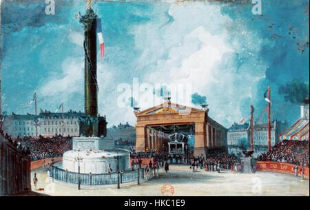 Das Gemälde „Inauguration de la colonne de Juillet“ zeigt die Enthüllung der Julisäule in Paris, einem Denkmal zum Gedenken an die Julirevolution von 1830. Das Kunstwerk fängt das bedeutende Ereignis in der französischen Geschichte ein, bei dem die Kolonne als Symbol für den Sturz der Bourbon-Monarchie und die Gründung der Juli-Monarchie eingeweiht wurde. Stockfoto