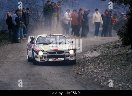 Lancia 037 getrieben von Henri Toivonen auf einer Bühne in 1985 Rallye Monte Carlo Stockfoto