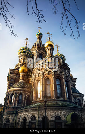 Kuppel und Kreuze der Kirche Erlöser auf vergossenen Blutes Sankt Petersburg, Russland Stockfoto