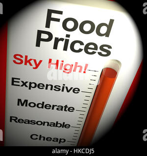 Nahrungsmittelpreise hohe Monitor Thermometer zeigt teure Lebensmittel 3d Rendering Stockfoto