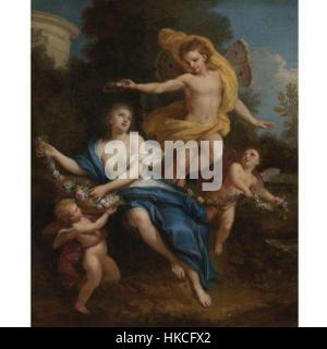 *Zephyr Krönung Flora* von Louis II. De Boulogne ist ein allegorisches Gemälde aus dem 17. Jahrhundert. Es zeigt den griechischen Gott Zephyr, der Flora, die Göttin der Blumen, sanft krönt und die Ankunft des Frühlings und die Erneuerung der Natur symbolisiert. Stockfoto