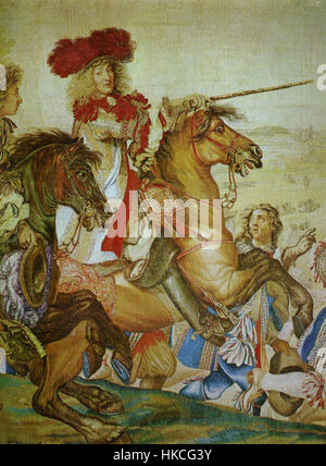 Dieses 1658 entstandene Porträt von König Ludwig XIV. Spiegelt die Pracht der französischen Monarchie während seiner Regierungszeit wider. Ludwig XIV., bekannt als Sonnenkönig, war eine einflussreiche Persönlichkeit in der europäischen Geschichte und symbolisierte absolute Macht und die Opulenz des französischen Hofes. Stockfoto